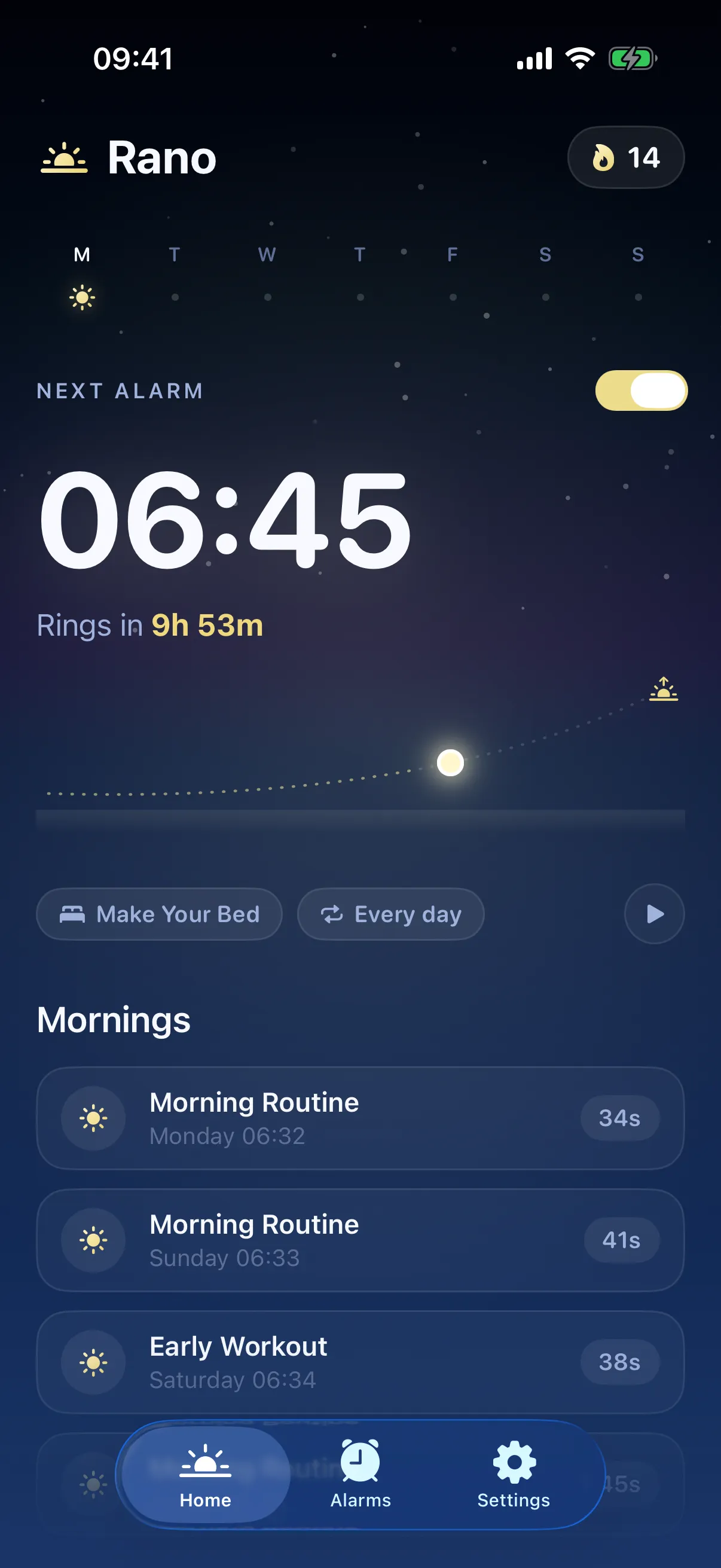 The Rano home screen: the next alarm at 6:40, the sunrise arc counting down to it, and this week's completed mornings