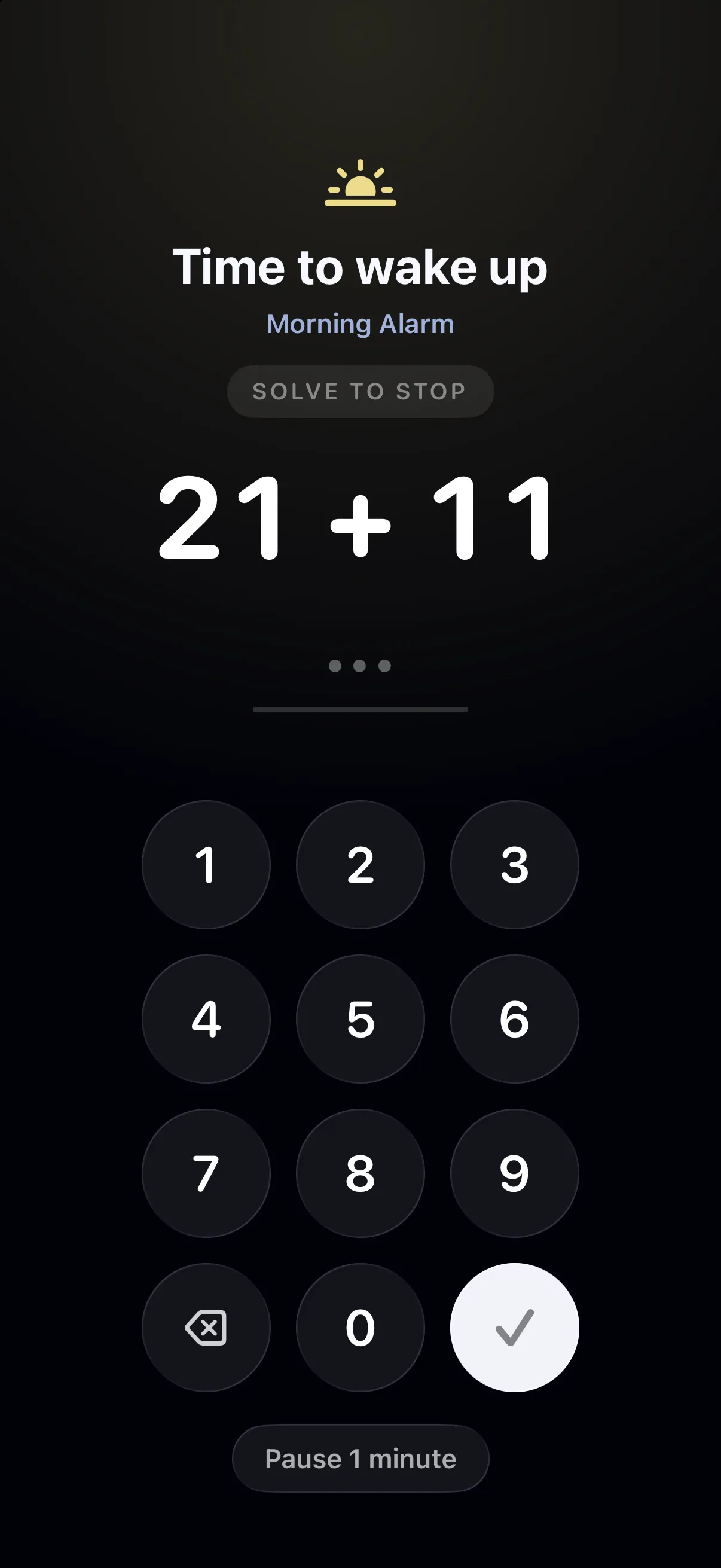 The Easy Math mission: a short arithmetic problem above a keypad, with the alarm still ringing
