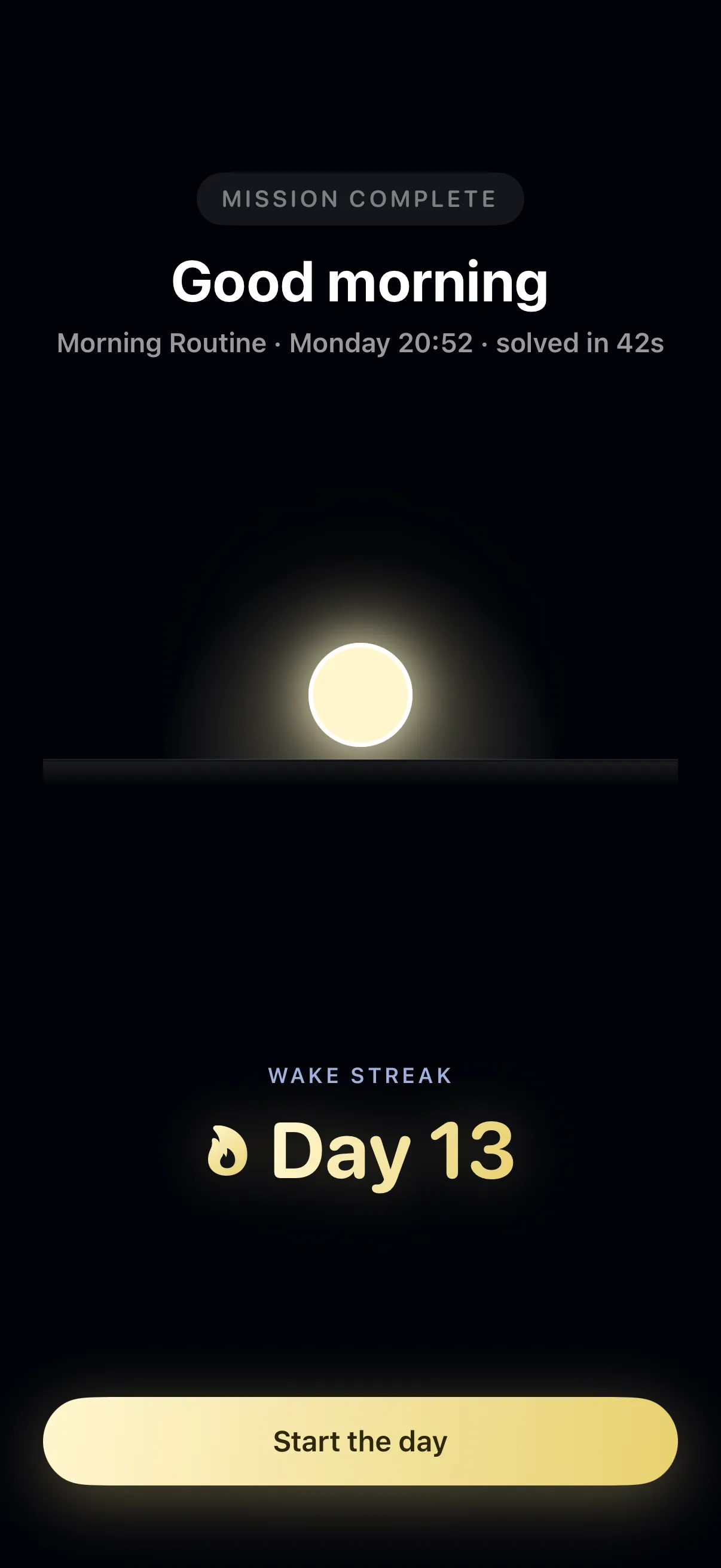 The sunrise complete screen: the sun risen over the horizon above a thirteen-day wake streak