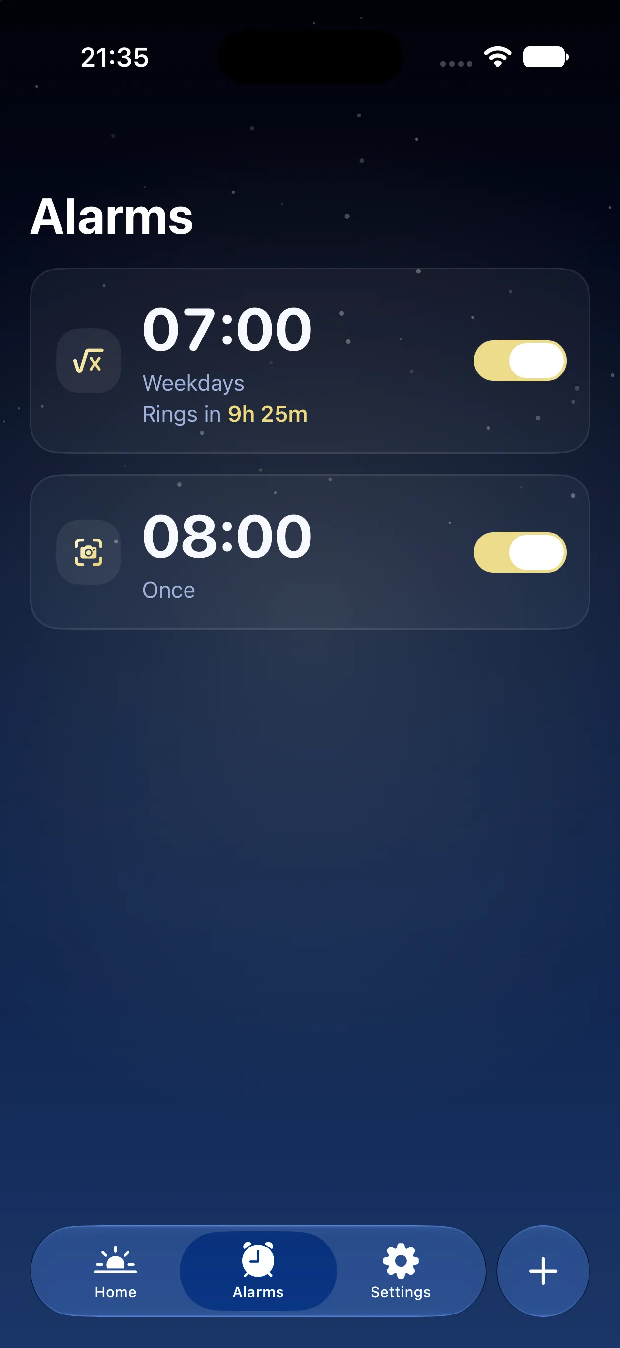 The alarms list: each alarm shows its time, repeat days, and mission
