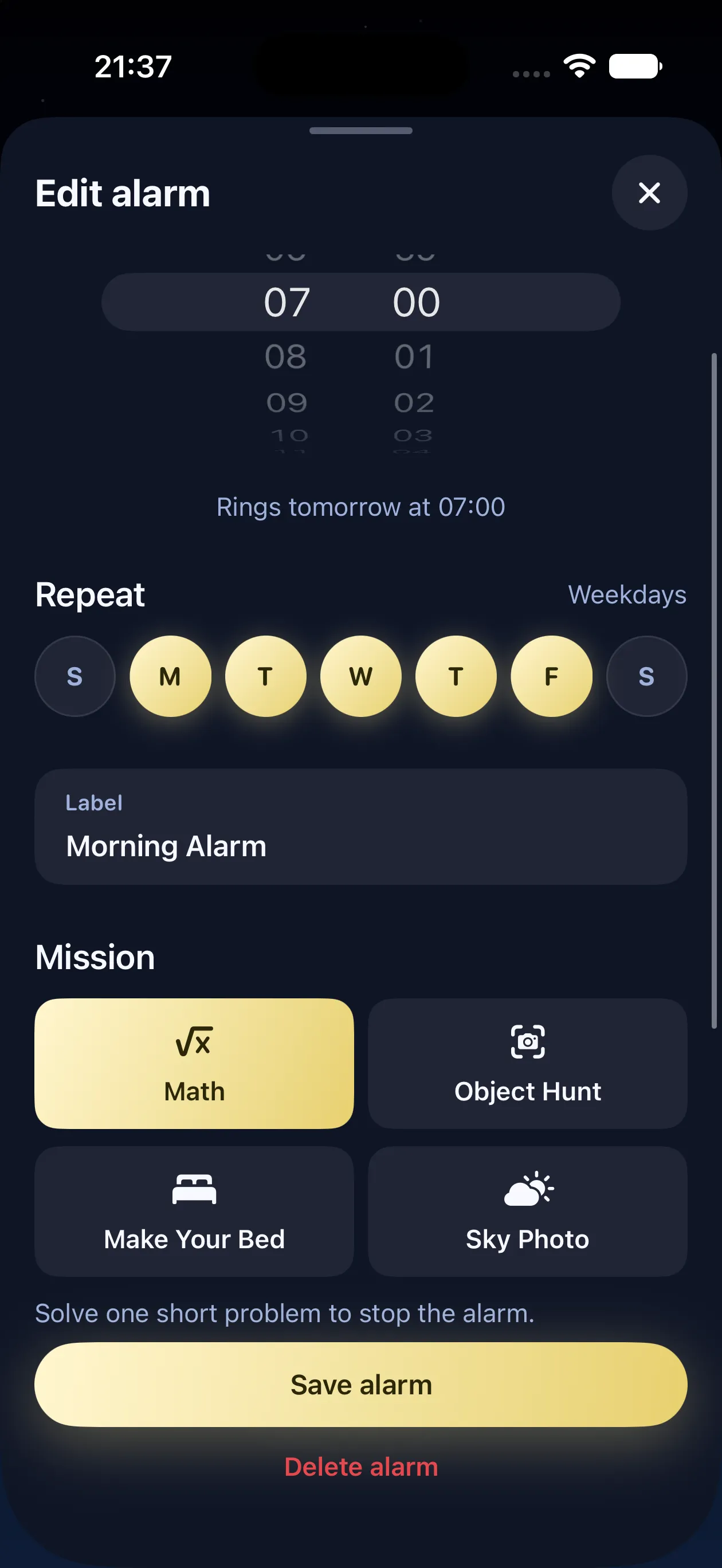 The alarm editor: the time wheel, repeat days, label, and the four mission tiles